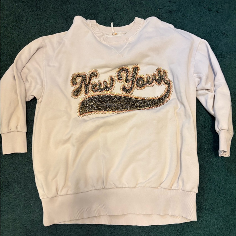 New York Embellished Sweatshirt in Tan/cream